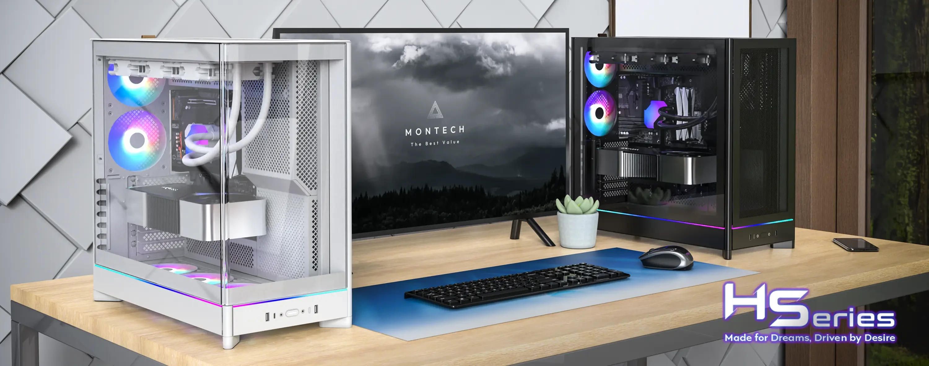 Montech HS02 PC-kompiuterio korpusas, Midi-Tower, ATX, Tempered Glass, ARGB – baltos spalvos aprašymas - Prekės nuotrauka