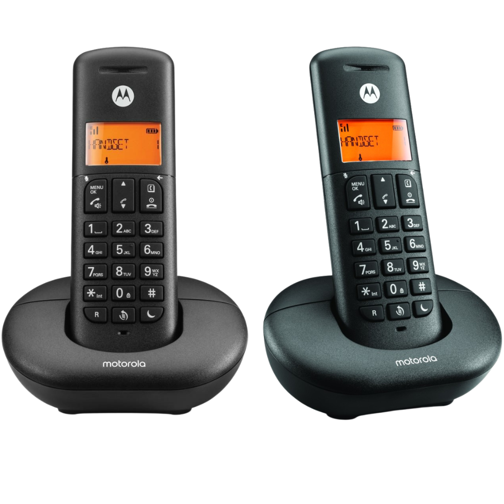 Motorola E202 belaidžių stacionarių telefonų rinkinys, 2 vnt., juodos spalvos aprašymas - Prekės nuotrauka