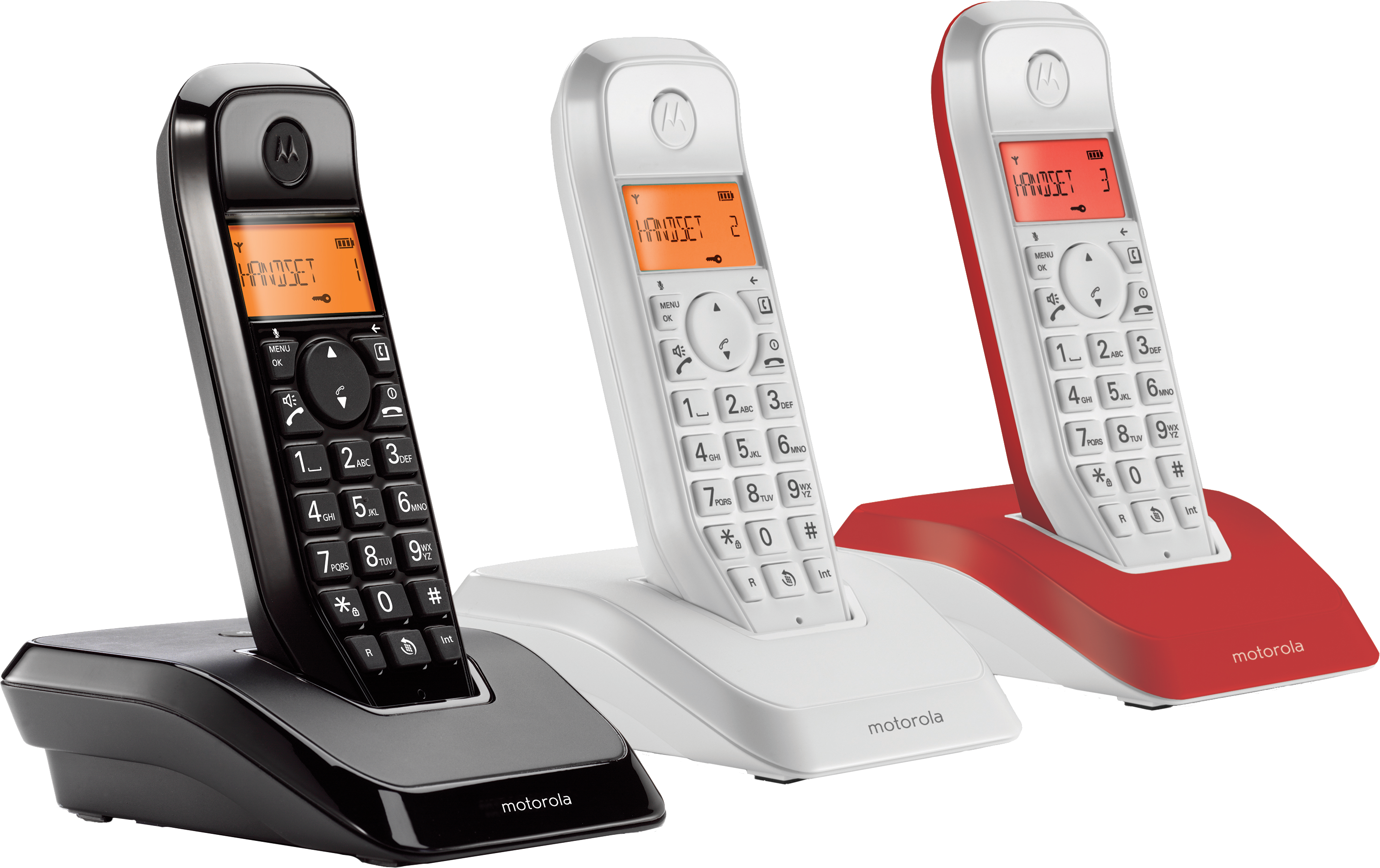 Motorola S1203 belaidžių fiksuoto ryšio telefonų rinkinys, 3 vnt., juodos, baltos, raudonos spalvos aprašymas - Prekės nuotrauka