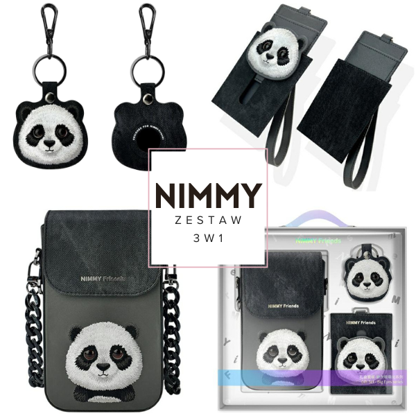 Nimmy 3in1 rinkinys telefono krepšys + piniginė + dėklas lokatoriui, juodos spalvos, Big Eyed Pet 2.0 Panda aprašymas - Prekės nuotrauka