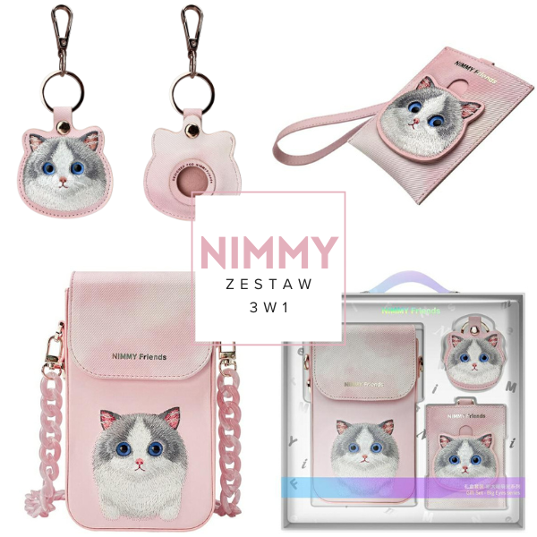 Nimmy 3in1 rinkinys telefono krepšys + piniginė + dėklas lokatoriui, rožinės spalvos Big Eyed Pet 2.0 Cat aprašymas - Prekės nuotrauka