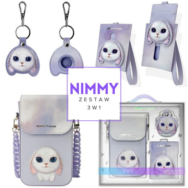 Nimmy 3in1 Set phone bag + wallet + locator case violetinė Big Eyed Pet 2.0 Rabbit aprašymas - Prekės nuotrauka