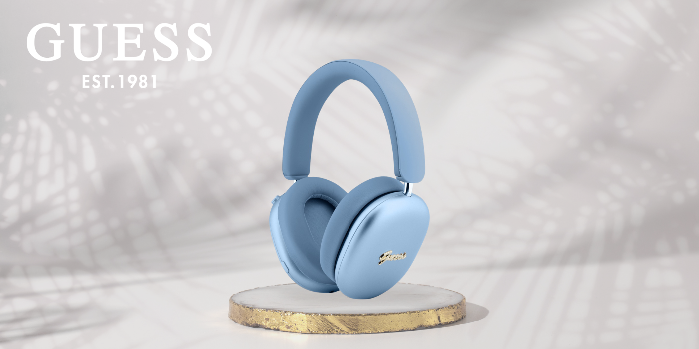 Ausinės „Over-ear“ Guess Metallic Effect Metal Script Logo „Bluetooth“ ENC mėlynos spalvos aprašymas - Prekės nuotrauka