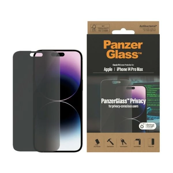 Panzer Glass PanzerGlass | Ekrano apsauga | Apple | iPhone 14 Pro Max | Stiklas | Juodas | Classic Fit | Privatumas aprašymas - Prekės nuotrauka Panzer Glass PanzerGlass | Ekrano apsauga | Apple | iPhone 14 Pro Max | Stiklas | Juodas | Classic Fit | Privatumas aprašymas - Prekės nuotrauka