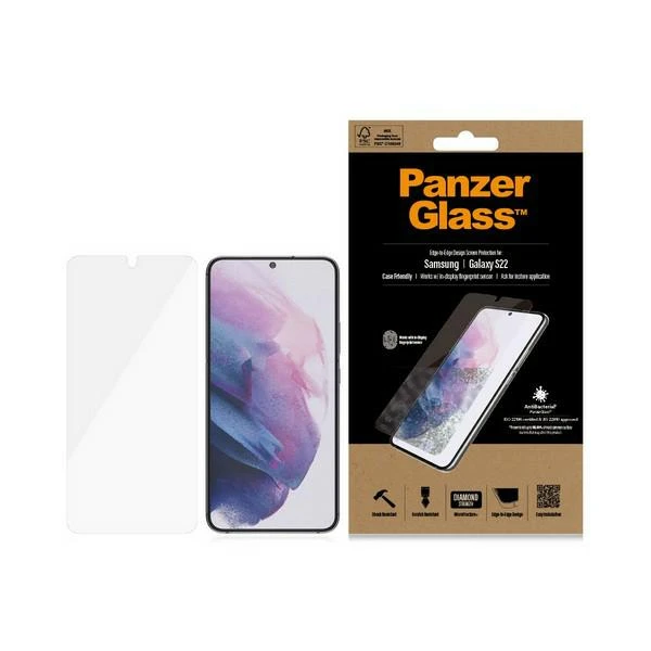 Panzer Glass PanzerGlass | Samsung | Galaxy S22 | Grūdintas stiklas | Skaidrus | Draugiškas atvejams. Suderinamas su ultragarsiniu pirštų atspaudų jutikliu. 100% jutiklinis jautrumas. Antibakterinis (sertifikuotas ISO 22196 ir JIS 22810) | Ekrano apsauga aprašymas - Prekės nuotrauka