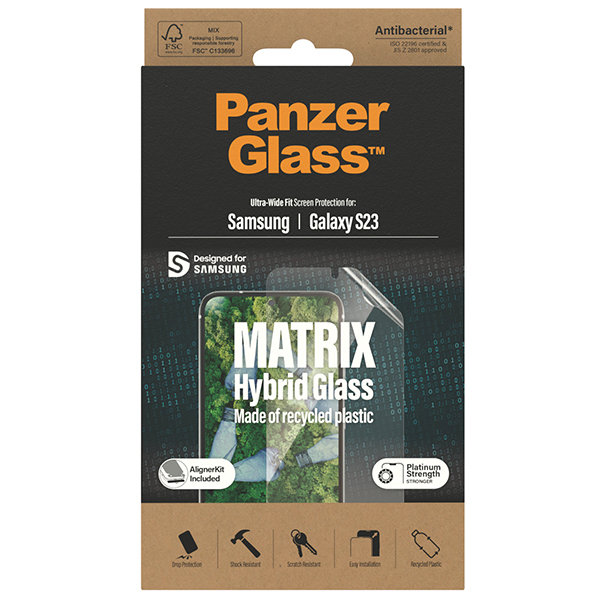 Panzer Glass PanzerGlass | „Matrix“ ekrano apsauga, itin platus pritaikymas W. Alignerkit | Ekrano apsauga | Samsung | Galaxy S23 | Skaidrus aprašymas - Prekės nuotrauka