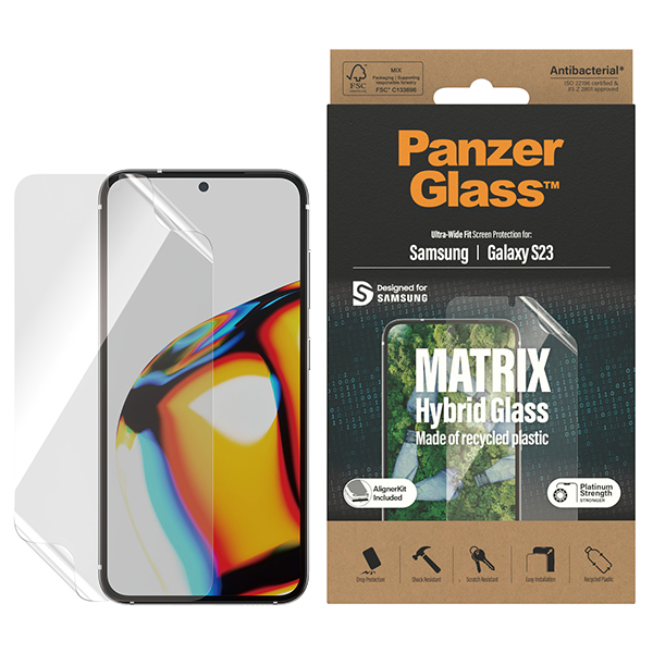 Panzer Glass PanzerGlass | „Matrix“ ekrano apsauga, itin platus pritaikymas W. Alignerkit | Ekrano apsauga | Samsung | Galaxy S23 | Skaidrus aprašymas - Prekės nuotrauka