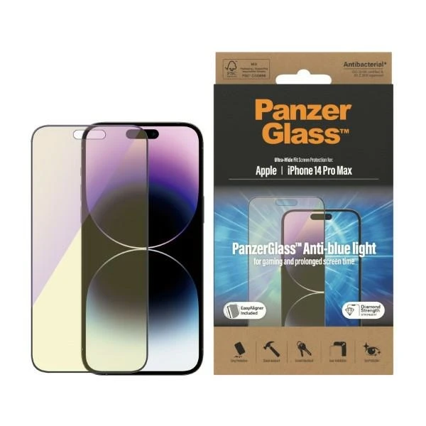 Panzer Glass PanzerGlass | Ekrano apsauga | Apple | iPhone 14 Pro Max | Stiklas | Juodas | Itin platus pritaikymas; Atsparus įbrėžimams; Atsparus smūgiams; Lengvas montavimas; Anti-mėlynas šviesa; Akių apsauga; Deimantų stiprumas; Antibakterinis; Atsparus pirštų atspaudams | Anti-mėlynas Šviesa aprašymas - Prekės nuotrauka