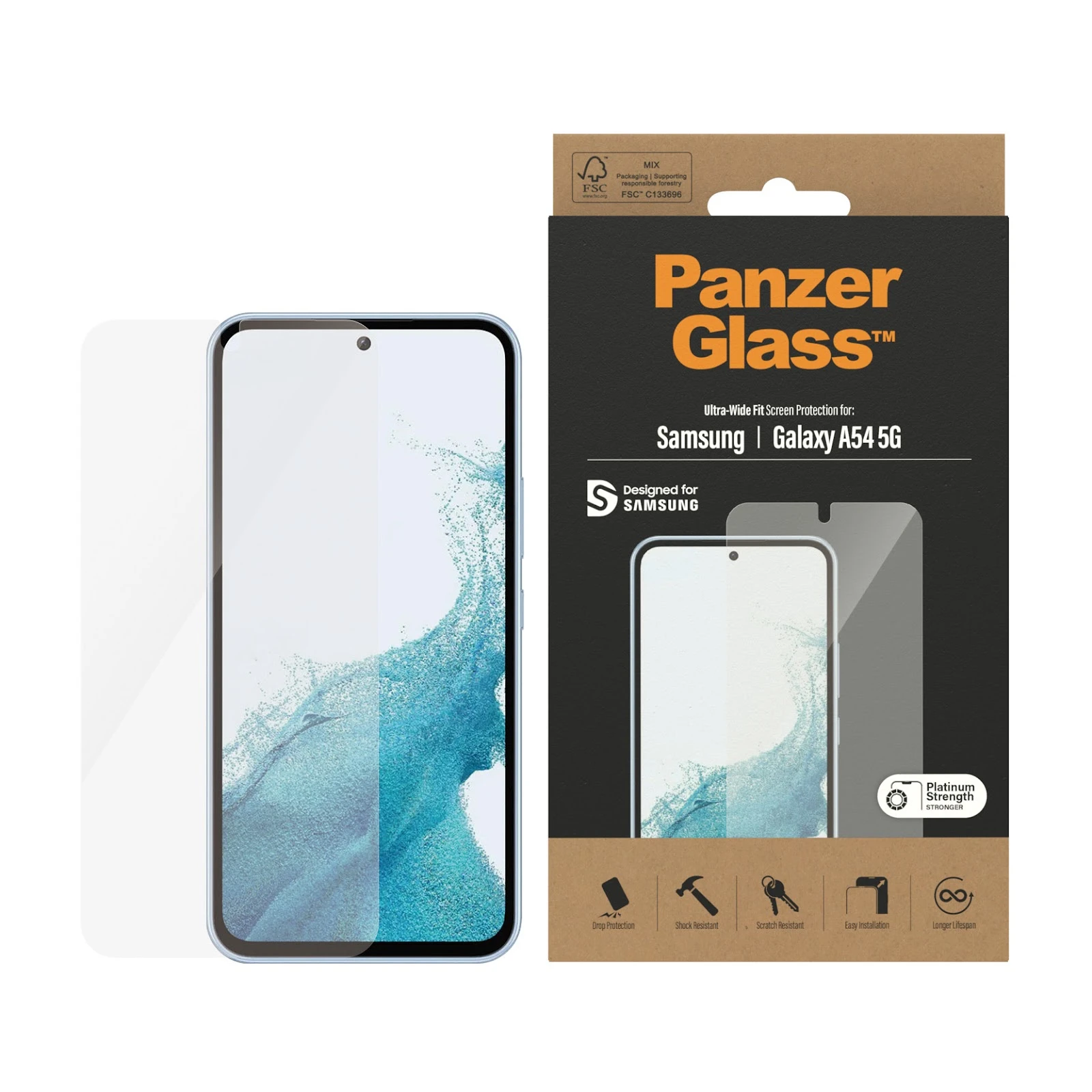 Panzer Glass PREMIUM TEMPERED biometrinio stiklo ekrano apsauga visas dangtelis, skirtas Samsung Galaxy A54 5G UWF aprašymas - Prekės nuotrauka
