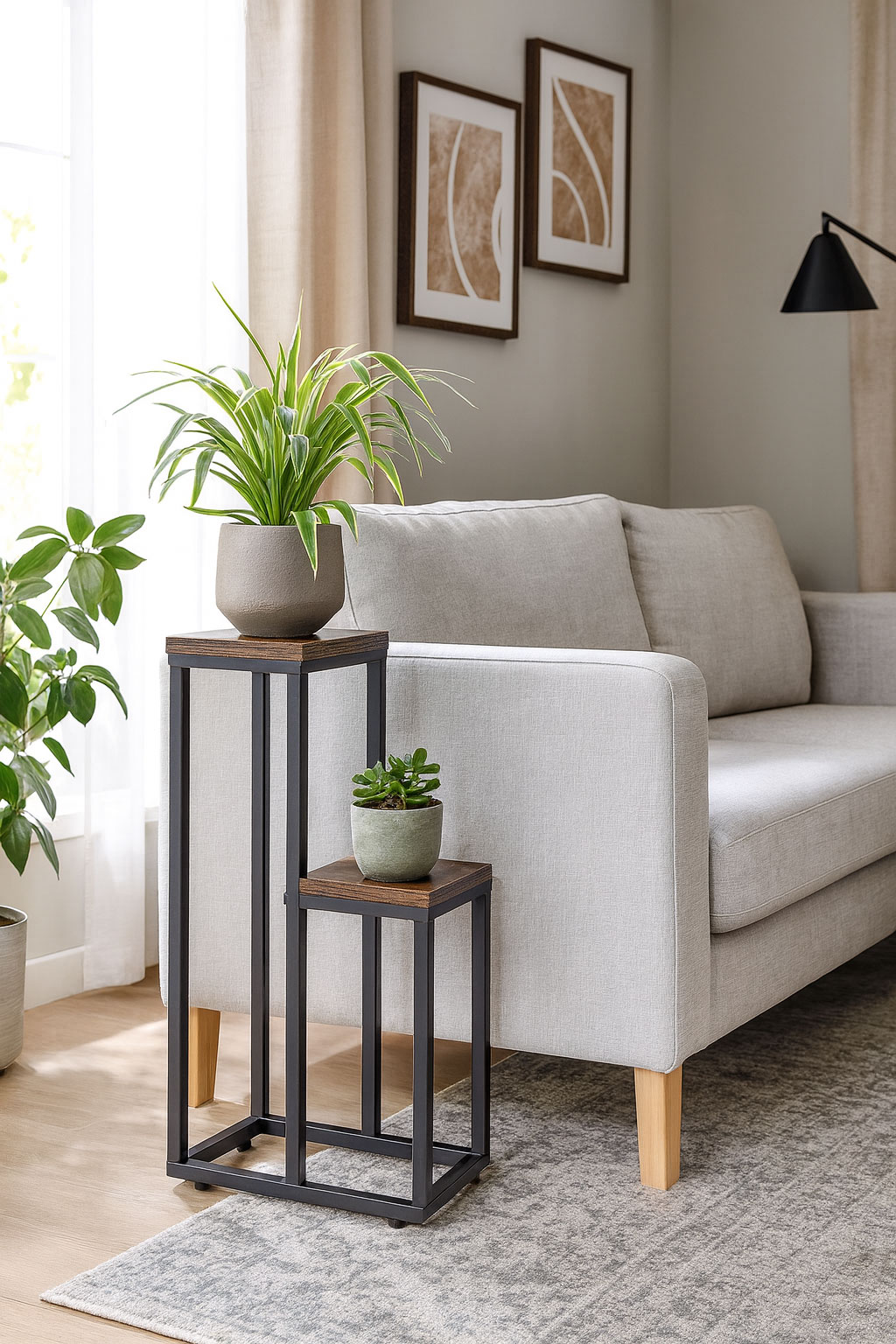 Pastatomas gėlių stovas dekoracijoms, 2 lentynos, Loft stiliaus, ModernHome aprašymas - Prekės nuotrauka