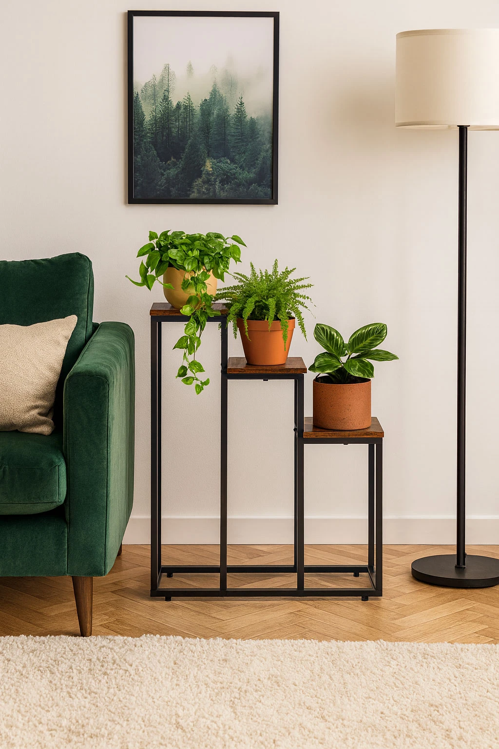 Pastatomas gėlių stovas dekoracijoms, 3 lentynos, Loft stiliaus, ModernHome aprašymas - Prekės nuotrauka