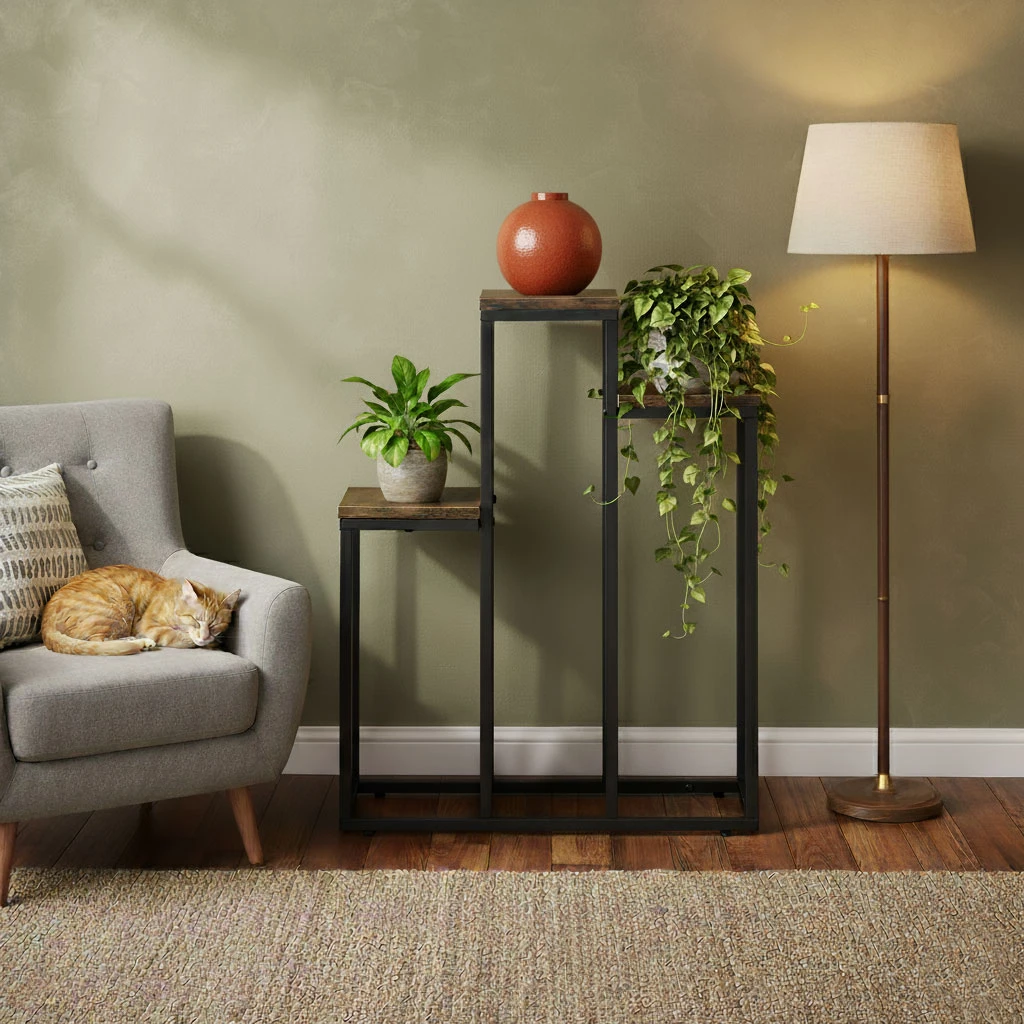 Pastatomas gėlių stovas dekoracijoms, 3 lentynos, Loft stilius, ModernHome aprašymas - Prekės nuotrauka