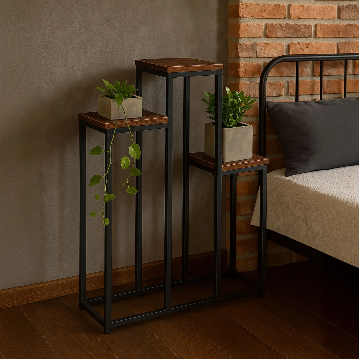 Pastatomas gėlių stovas dekoracijoms, 3 lentynos, Loft stilius, ModernHome aprašymas - Prekės nuotrauka