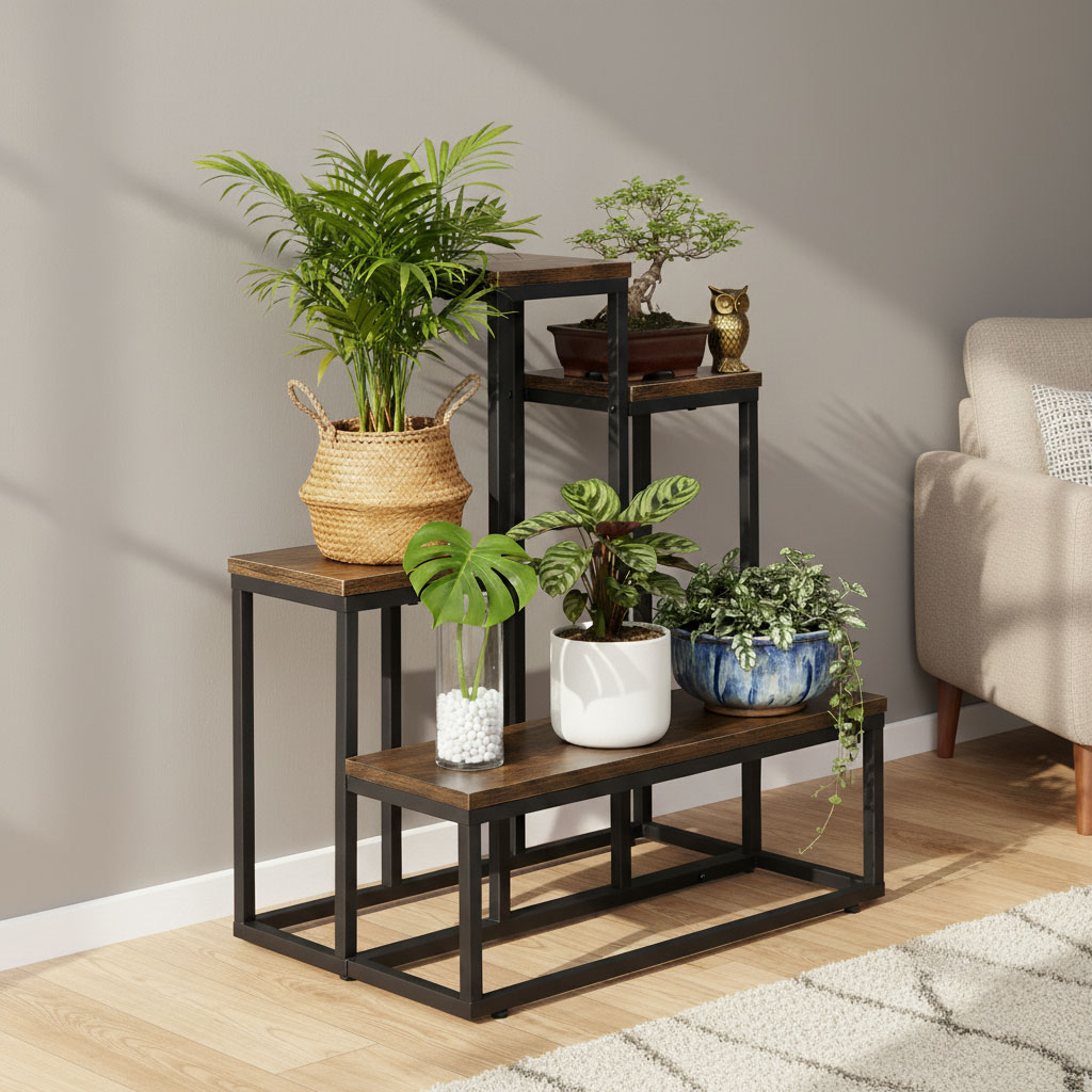 Pastatomas gėlių stovas dekoracijoms, 4 lentynos, Loft stilius, ModernHome aprašymas - Prekės nuotrauka