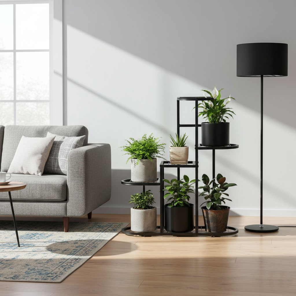 Pastatomas gėlių stovas dekoracijoms, 5 pakopų, juodas ModernHome aprašymas - Prekės nuotrauka
