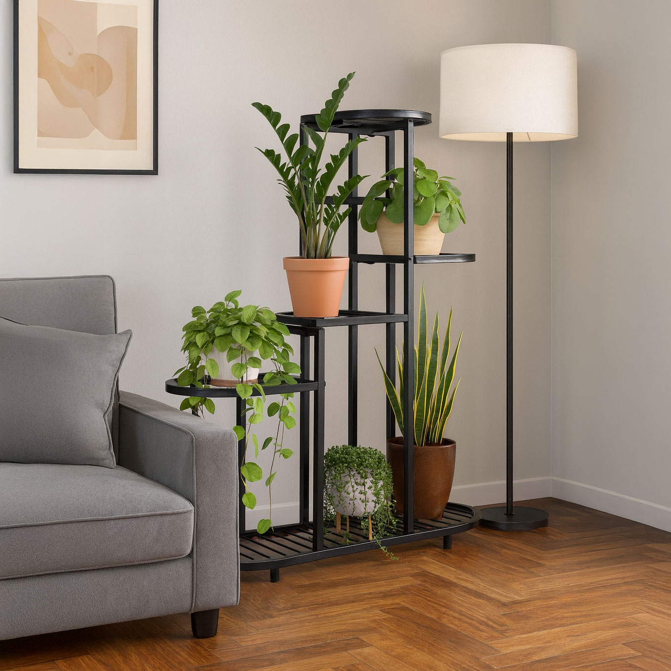 Pastatomas gėlių stovas dekoracijoms, 5 pakopų, juodas ModernHome aprašymas - Prekės nuotrauka