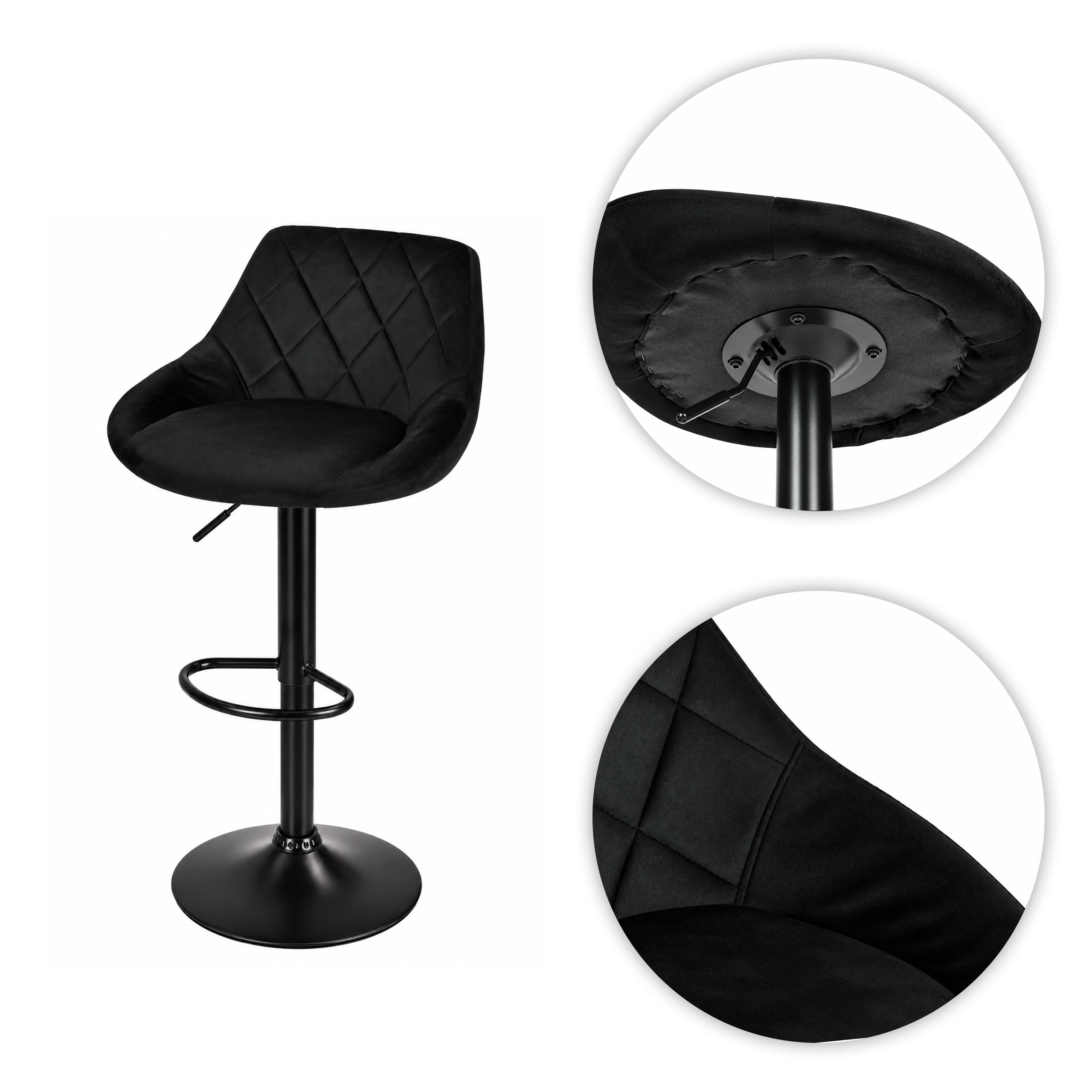 Pasukama baro kėdė su kojų atrama, reguliuojamo aukščio, juodas aksomas ModernHome aprašymas - Prekės nuotrauka