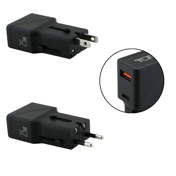 Power Charger TUMI Kelioninis įkroviklis 25W USB-C / USB-A + Cable USB-C/USB-C juodos spalvos aprašymas - Prekės nuotrauka