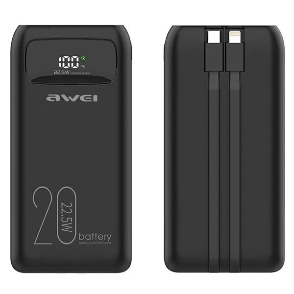 Powerbank 20000mAh 22.5W Ekranas + PD/iPhone kabeliss Lightning AWEI (P169K) juodos spalvos aprašymas - Prekės nuotrauka Powerbank 20000mAh 22.5W Ekranas + PD/iPhone kabeliss Lightning AWEI (P169K) juodos spalvos aprašymas - Prekės nuotrauka