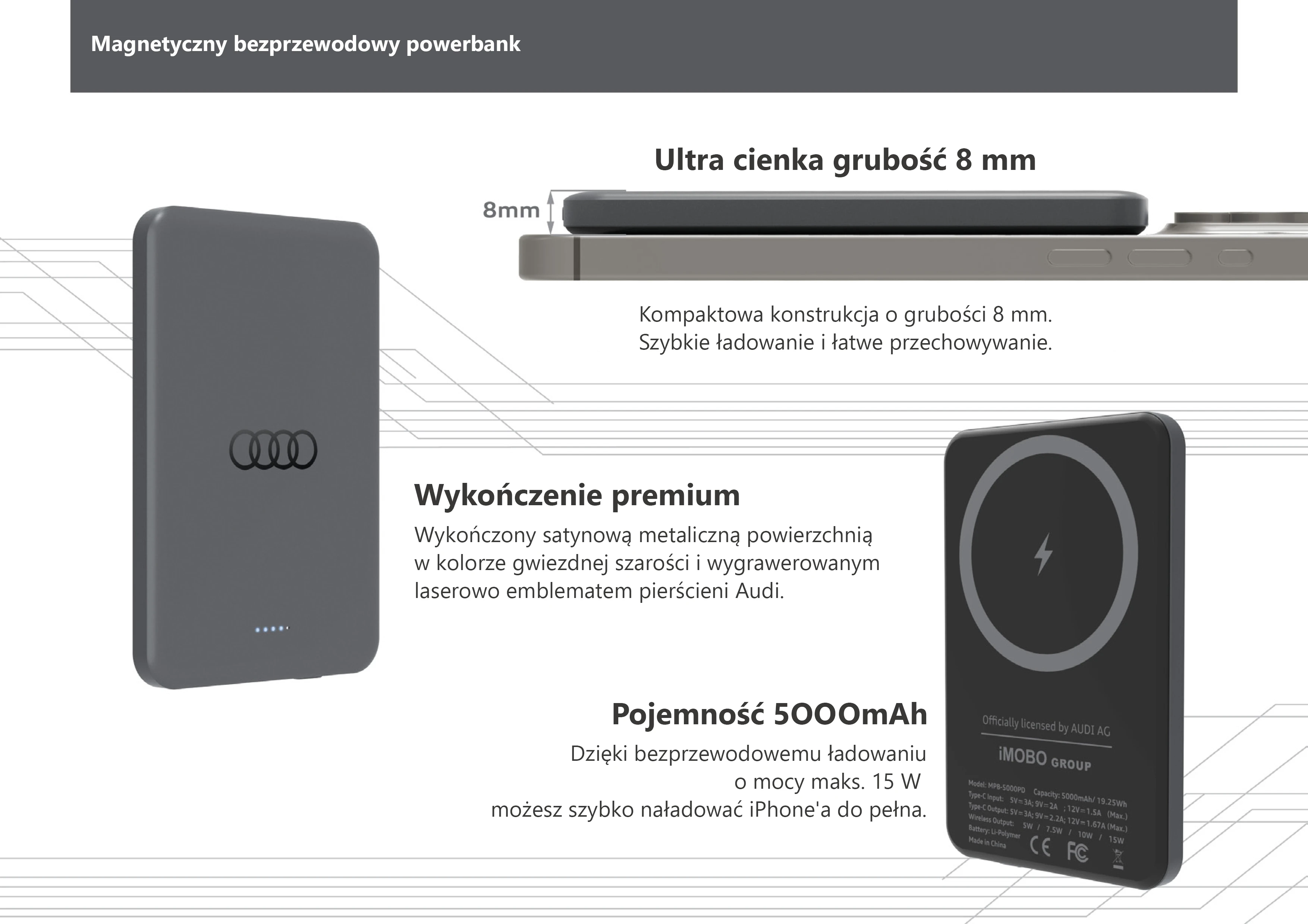 Powerbank Audi Big Logo MagSafe indukcinis 15W 5000mAh - pilkos spalvos aprašymas - Prekės nuotrauka Powerbank Audi Big Logo MagSafe indukcinis 15W 5000mAh - pilkos spalvos aprašymas - Prekės nuotrauka