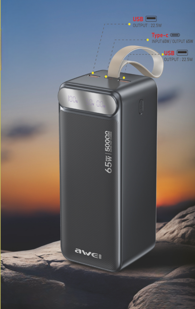 Powerbank Awei PA-81 50000mAh 65W PD 2xUSB-A/USB-C juodos spalvos aprašymas - Prekės nuotrauka