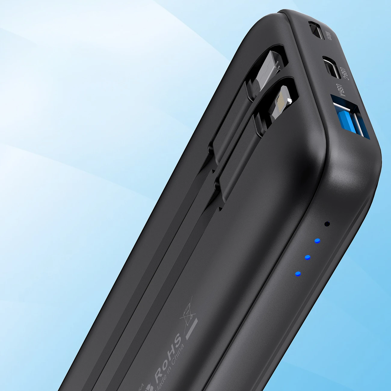 Powerbank Choetech B654 10000mAh 22.5W USB-A / USB-C / micro USB su built-in USB-C / Lightning kabelis – Juodos spalvos aprašymas - Prekės nuotrauka
