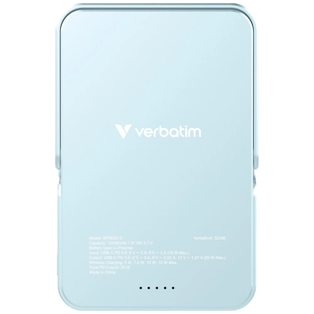 Powerbank Verbatim Charge n Go 10000mAh su stoveliu Magnetic Wireless mėlynos spalvos 32266 aprašymas - Prekės nuotrauka Powerbank Verbatim Charge n Go 10000mAh su stoveliu Magnetic Wireless mėlynos spalvos 32266 aprašymas - Prekės nuotrauka