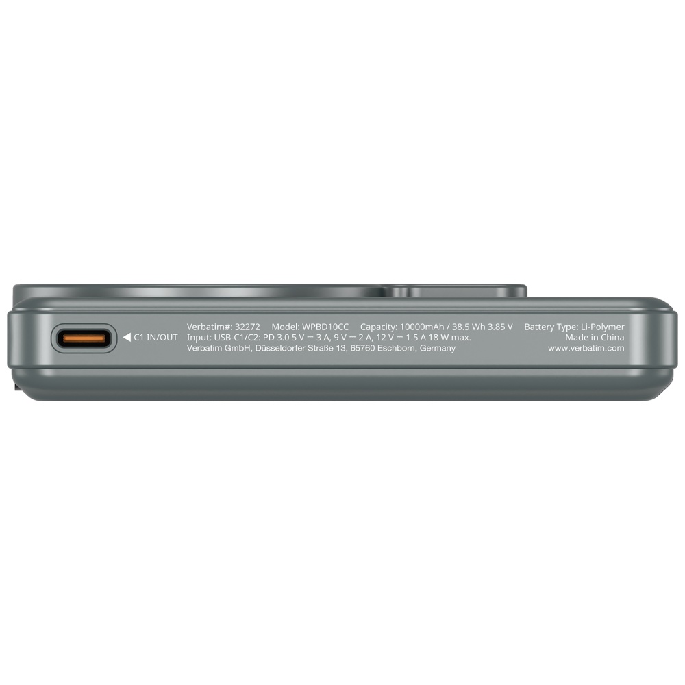Powerbank Verbatim Charge n Go 10000mAh with stand Magnetic Wireless TFT display 2xUSB-C cable pilkas aprašymas - Prekės nuotrauka