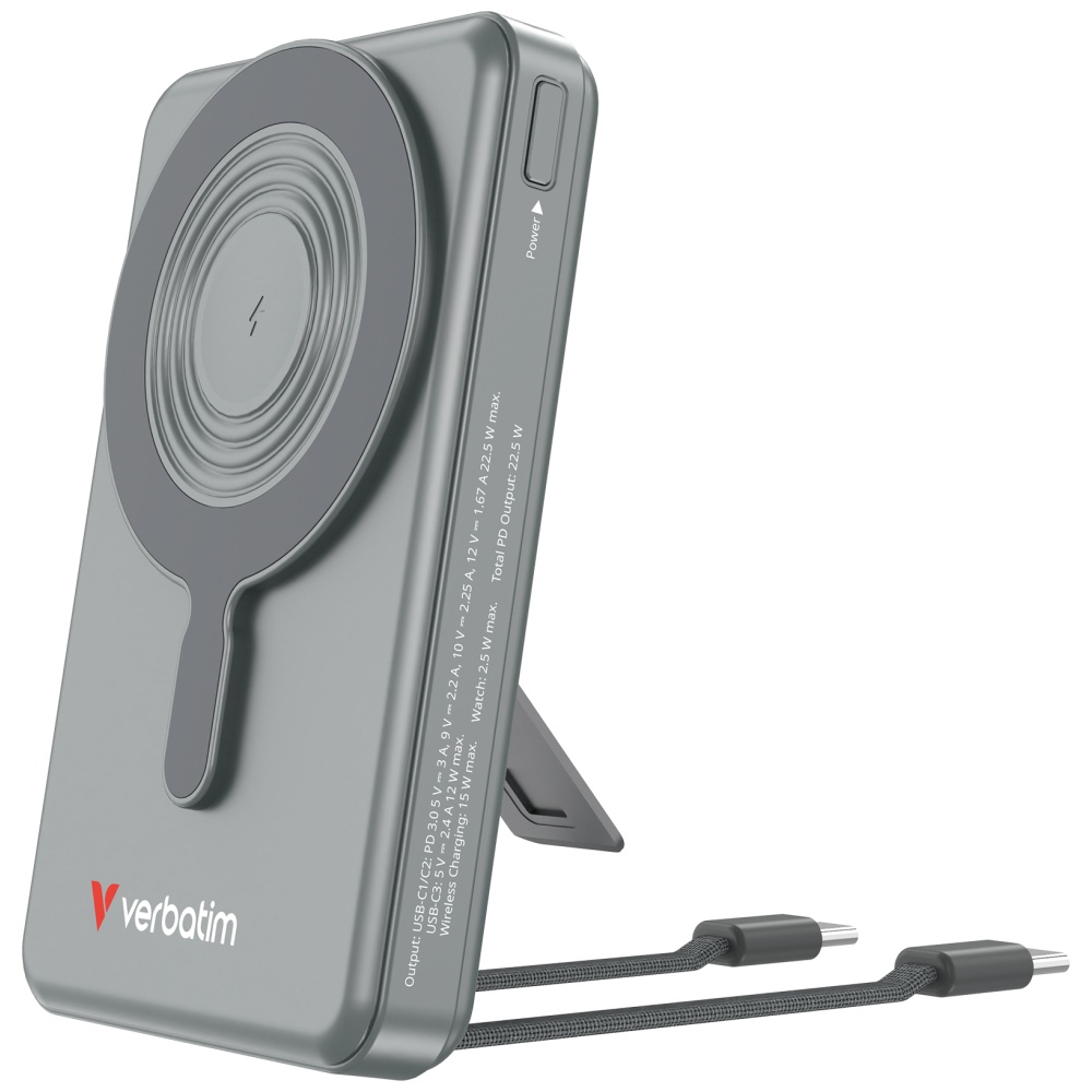 Powerbank Verbatim Charge n Go 10000mAh with stand Magnetic Wireless TFT display 2xUSB-C cable pilkas aprašymas - Prekės nuotrauka