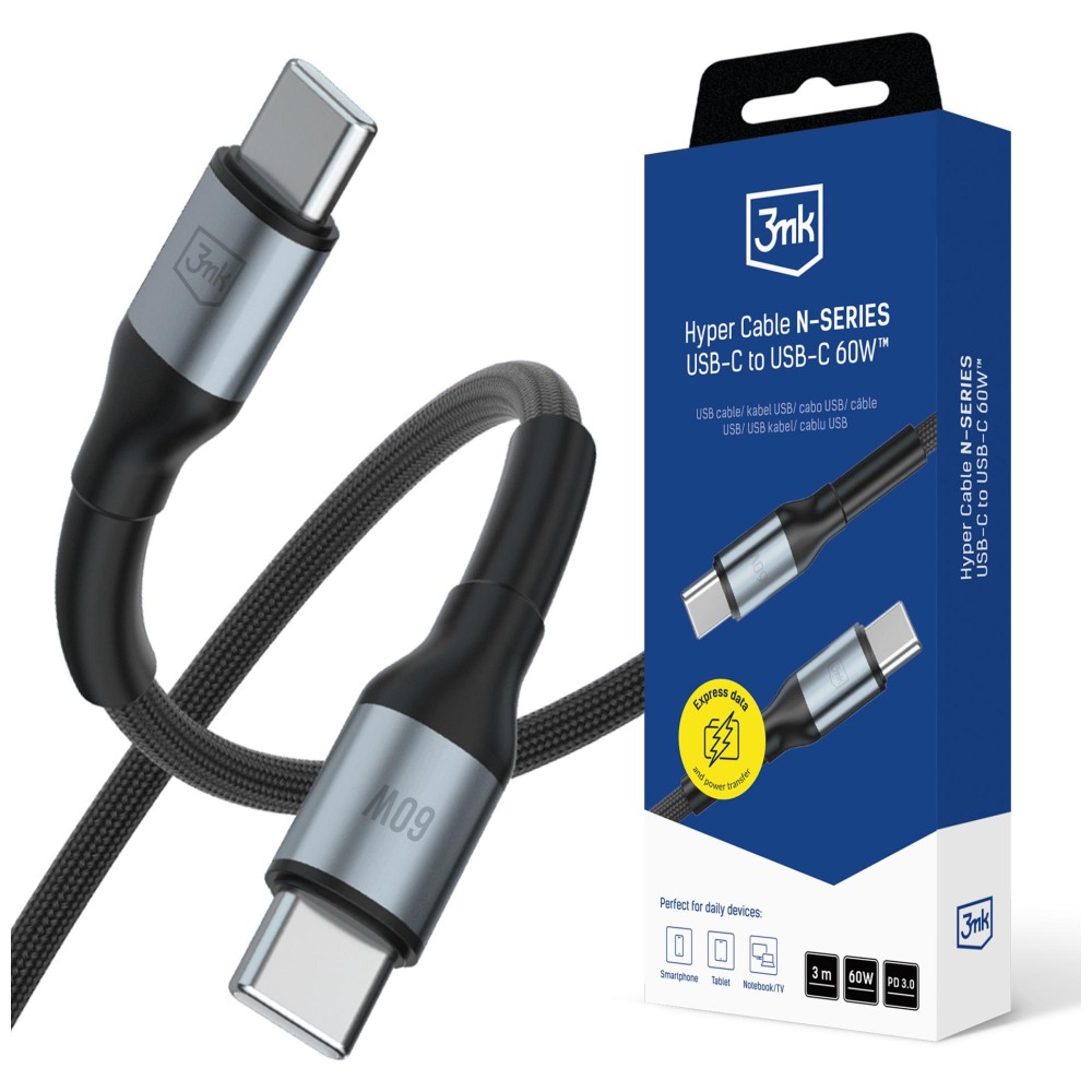 3mk Hyper Cable N-SERIES USB-C to USB-C 3m PD 3.0 QC 3.0 20V/3A 60W Juodas aprašymas - Prekės nuotrauka