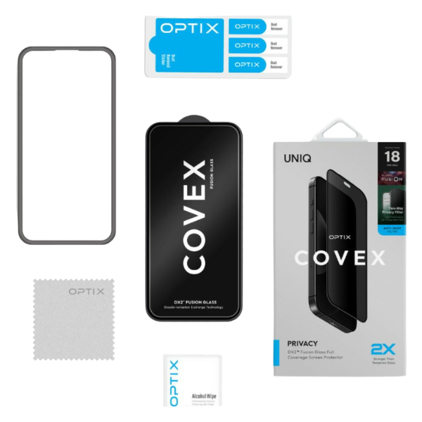 Privatumą užtikrinantis grūdintas stiklas UNIQ Optix Covex Privacy DX2, skirtas iPhone 18 Pro aprašymas - Prekės nuotrauka