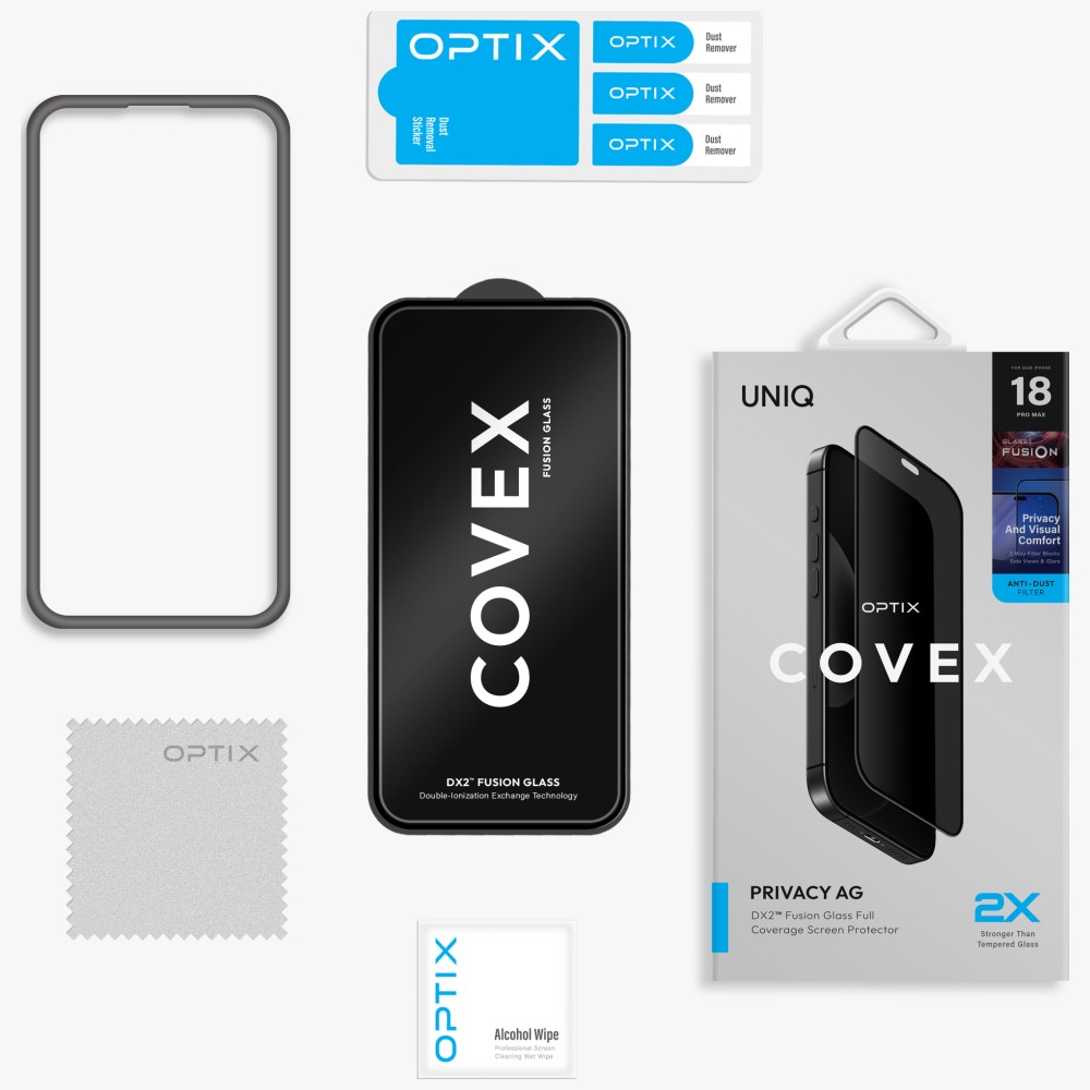 Privatumą užtikrinantis stiklas UNIQ Optix Covex Privacy DX2, skirtas iPhone 18 Pro aprašymas - Prekės nuotrauka