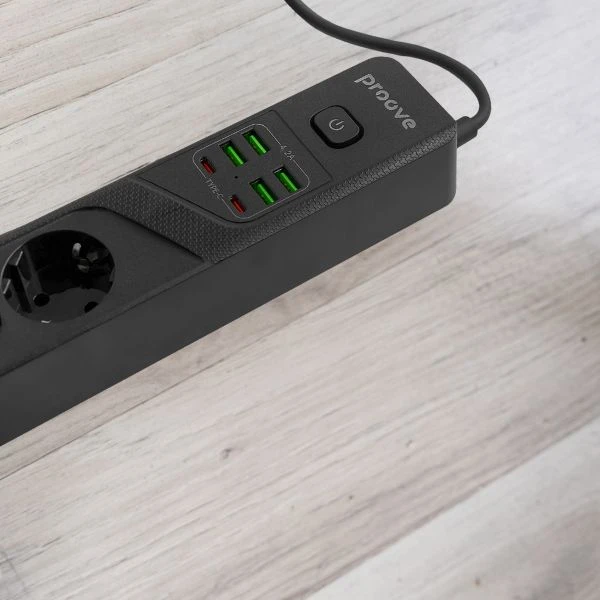 Proove Power Strip 2m 3000W maitinimo lizdas P-04 (4xAC + 4xUSB + 2xType-C) juodos spalvos aprašymas - Prekės nuotrauka Proove Power Strip 2m 3000W maitinimo lizdas P-04 (4xAC + 4xUSB + 2xType-C) juodos spalvos aprašymas - Prekės nuotrauka