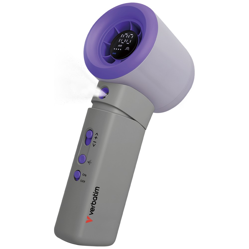 Rankinis ventiliatorius Verbatim Cool `n` Go Aqua Breeze violetinės spalvos pilkos spalvos 32345 aprašymas - Prekės nuotrauka Rankinis ventiliatorius Verbatim Cool `n` Go Aqua Breeze violetinės spalvos pilkos spalvos 32345 aprašymas - Prekės nuotrauka