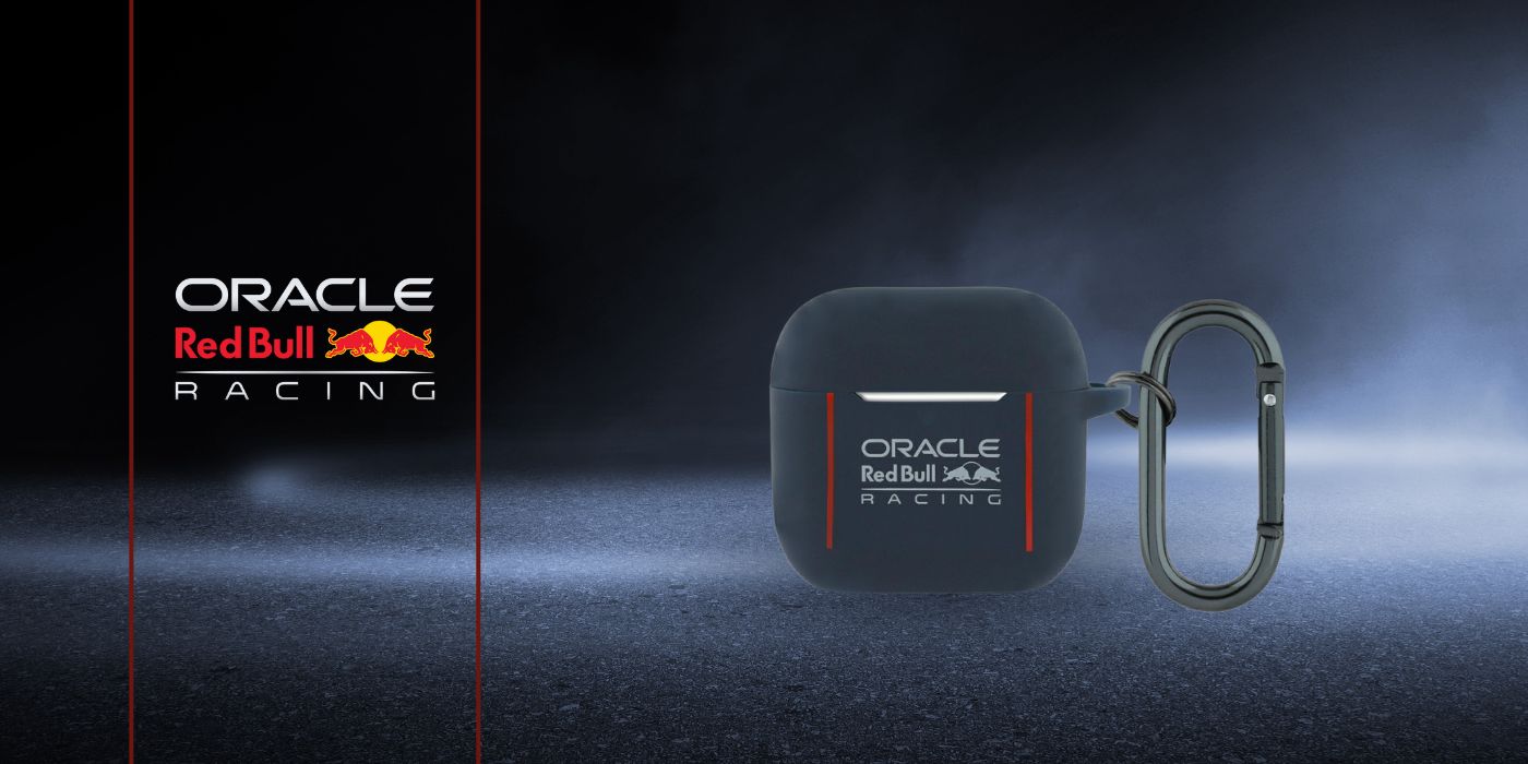 Red Bull Raudona Bull Raudona Bull silikoninis dėklas su logotipu ir linijomis, skirtas AirPods 4, mėlynos spalvos aprašymas - Prekės nuotrauka