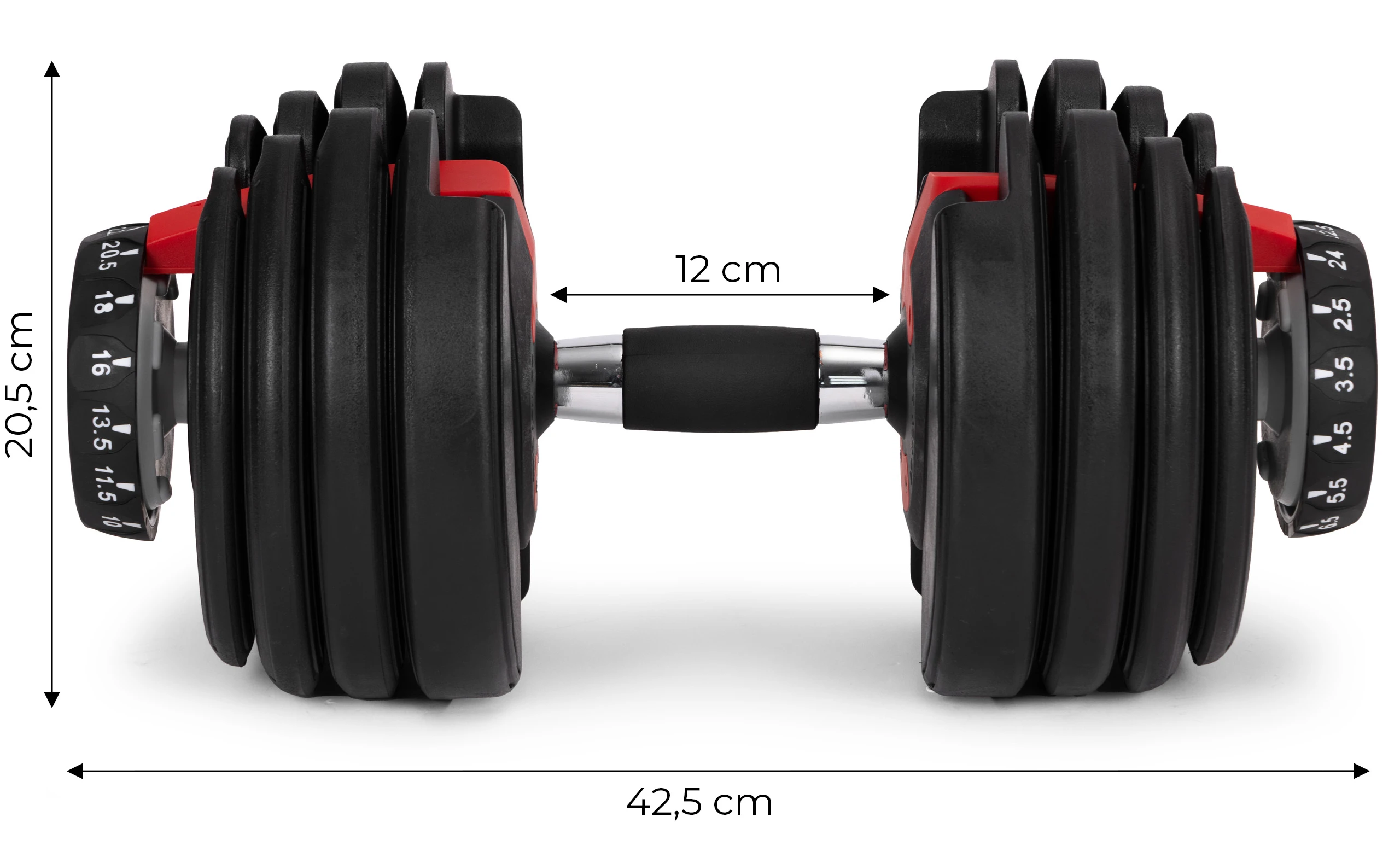 Reguliuojamas ketaus hantelis su stovu 2.5-24 kg, MOVEPRO aprašymas - Prekės nuotrauka
