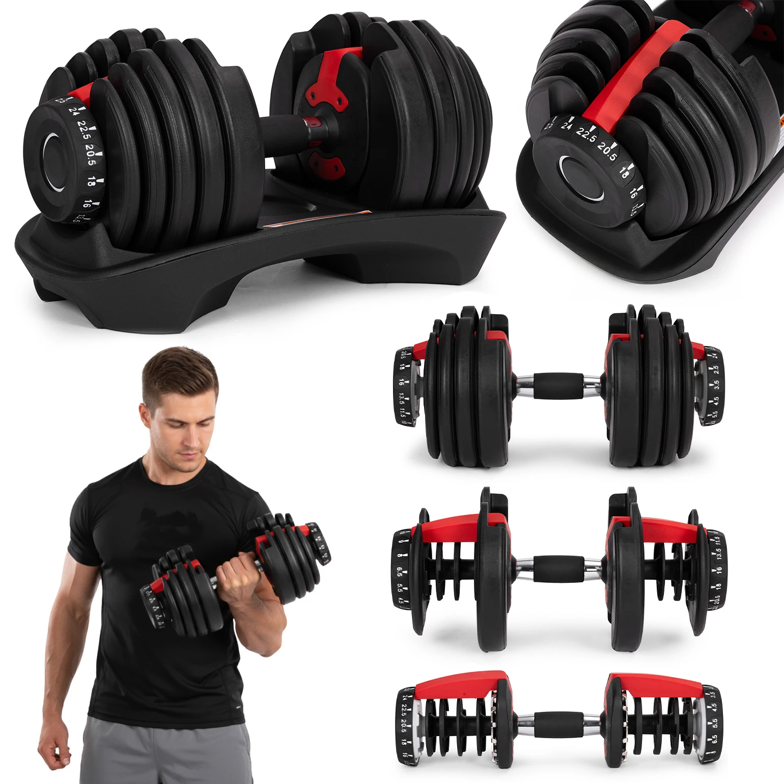 Reguliuojamas ketaus hantelis su stovu 2.5-24 kg, MOVEPRO aprašymas - Prekės nuotrauka