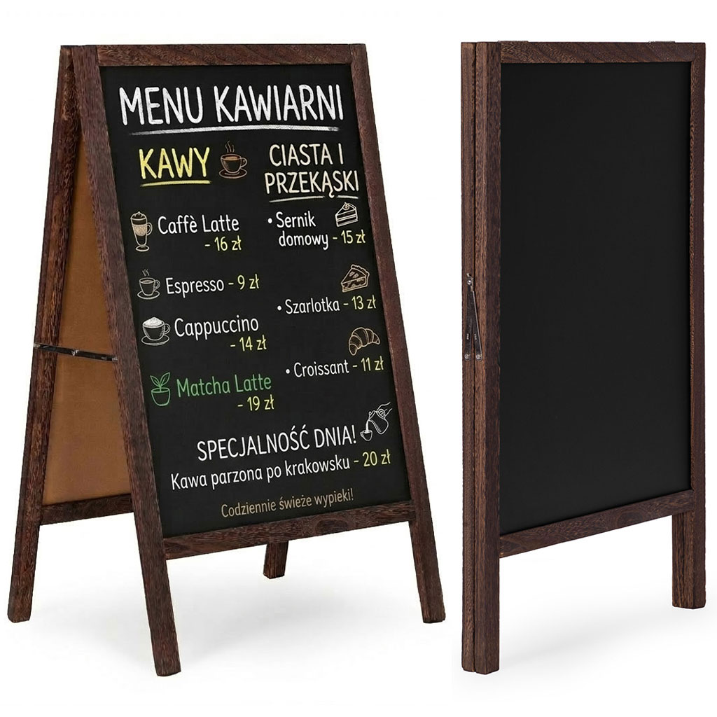 Reklaminis A formos stovas 83×50 cm, dvipusė kreidinė lenta, ModernHome aprašymas - Prekės nuotrauka