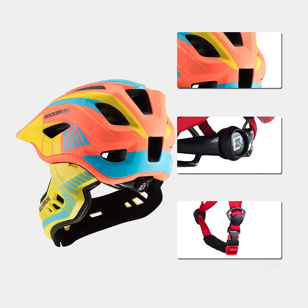 Rockbros TT-32SOYB-M vaikiškas dviračio šalmas su nuimamu smakro apsauga, dydis M – geltonos-oranžinės spalvos aprašymas - Prekės nuotrauka Rockbros TT-32SOYB-M vaikiškas dviračio šalmas su nuimamu smakro apsauga, dydis M – geltonos-oranžinės spalvos aprašymas - Prekės nuotrauka