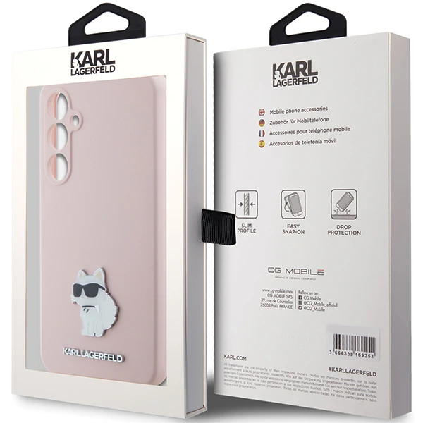 Samsung Galaxy S23 FE Karl Lagerfeld silikoninis dėklas Choupette Metal Pin (KLHCS23FESMHCNPP) rožinės spalvos aprašymas - Prekės nuotrauka