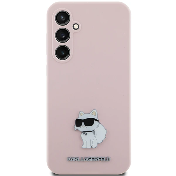 Samsung Galaxy S23 FE Karl Lagerfeld silikoninis dėklas Choupette Metal Pin (KLHCS23FESMHCNPP) rožinės spalvos aprašymas - Prekės nuotrauka