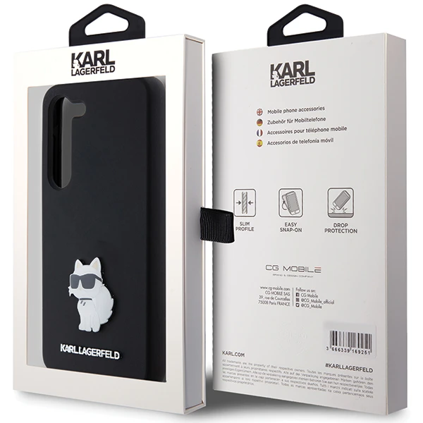 Samsung Galaxy S23 Karl Lagerfeld silikoninis dėklas Choupette Metal Pin (KLHCS23SSMHCNPK) juodos spalvos aprašymas - Prekės nuotrauka