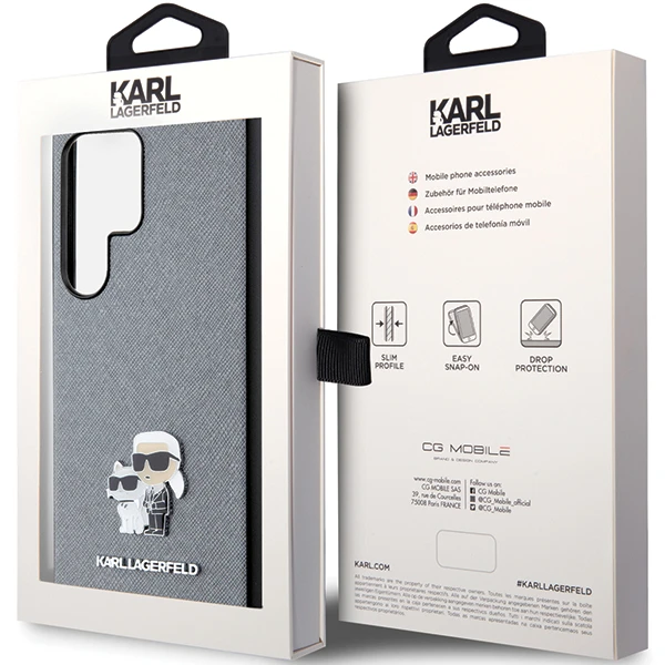 Samsung Galaxy S24 Karl Lagerfeld dėklas Saffiano Karl & Choupette Metal Pin (KLHCS24SPSAKCMPG) pilkos spalvos aprašymas - Prekės nuotrauka