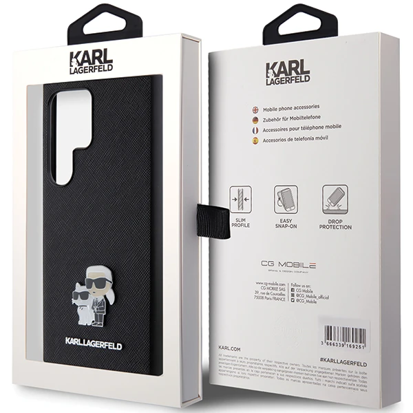 Samsung Galaxy S24 Plus Karl Lagerfeld dėklas Saffiano Karl & Choupette Metal Pin (KLHCS24MPSAKCMPK) juodos spalvos aprašymas - Prekės nuotrauka