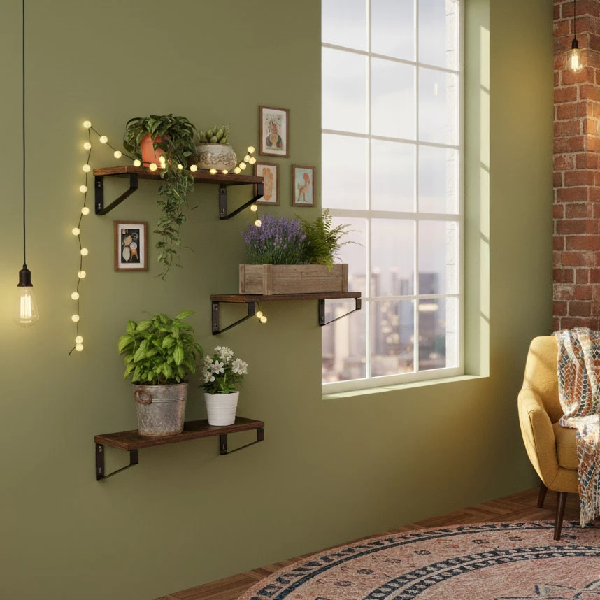 Sieninis gėlių stovas su trimis pakabinamomis lentynomis, lofto stilius, ModernHome aprašymas - Prekės nuotrauka