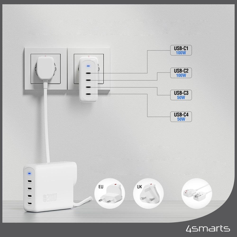 Sieninis įkroviklis 4smarts GaN Flex Pro Travel 200W 4 USB-C baltas aprašymas - Prekės nuotrauka