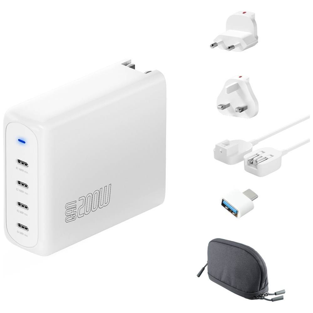 Sieninis įkroviklis 4smarts GaN Flex Pro Travel 200W 4 USB-C baltas aprašymas - Prekės nuotrauka