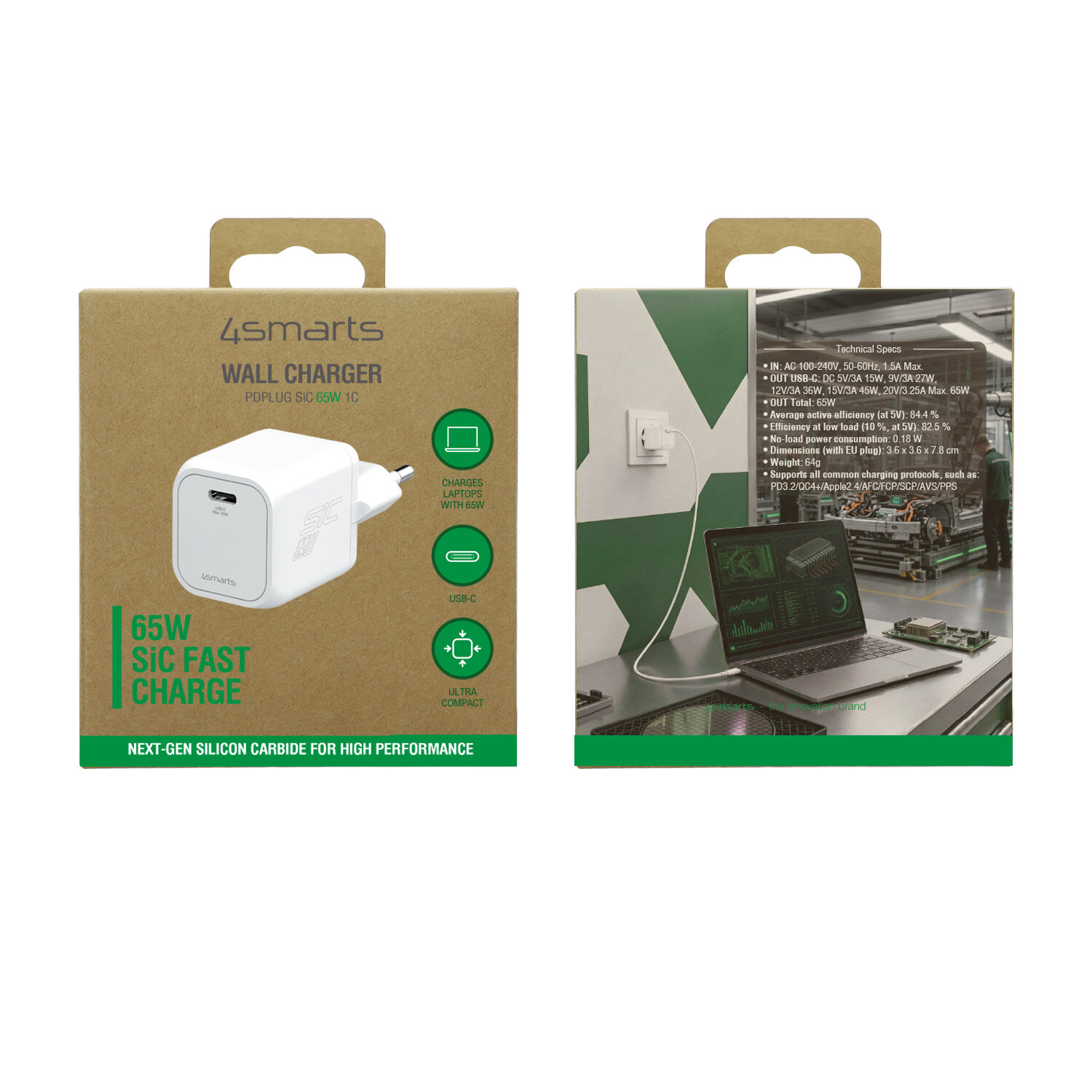 Sieninis įkroviklis 4smarts PDPlug SiC 65W USB-C baltas aprašymas - Prekės nuotrauka