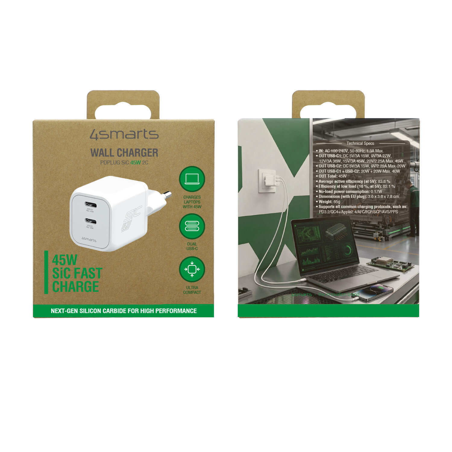Sieninis įkroviklis 4smarts PDPlug SiC Dual 45W 2xUSB-C baltas aprašymas - Prekės nuotrauka