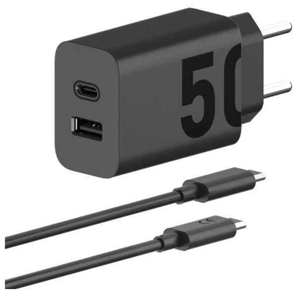 Sieninis įkroviklis Motorola TurboPower 50W Dual USB-C/USB-A su USB-C 1m laidu, juodos spalvos aprašymas - Prekės nuotrauka